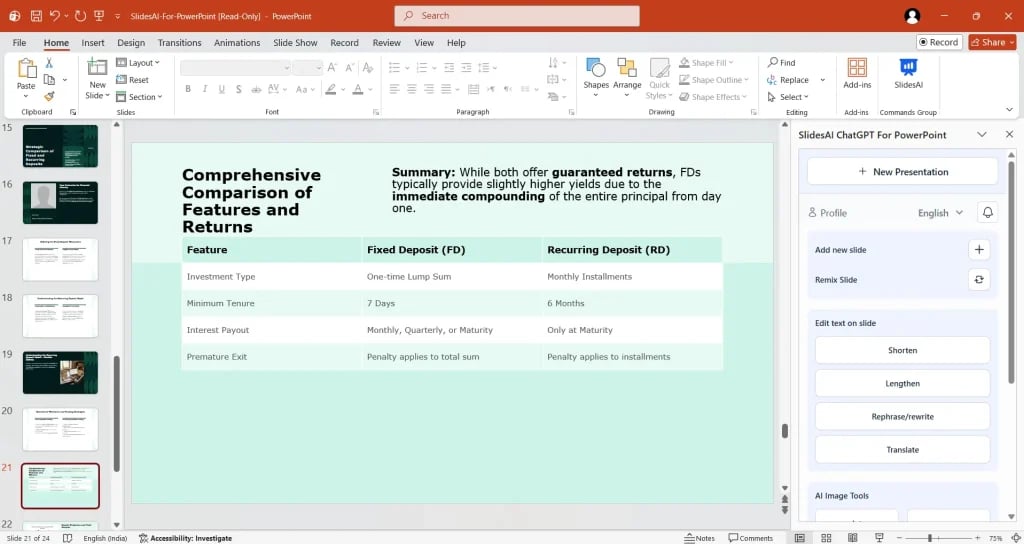 SlidesAI will create a whole presentation for your paper. Review all the slides and make changes if needed