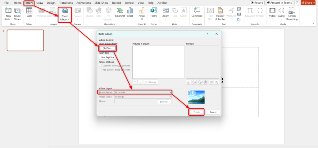 Create an image collage using the Photo Album Option in PowerPoint