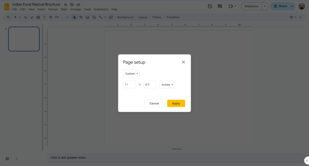 page setup in google slides