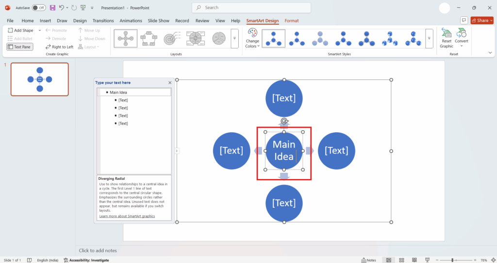 Add text in mind map created with SmartArt Graphic