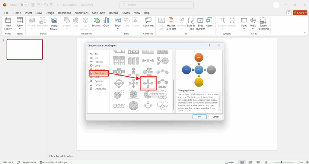 Select Diverging Radial from SmartArt dialog box in PowerPoint