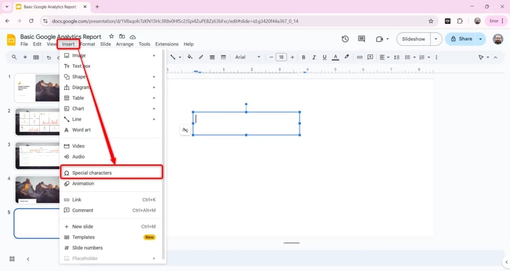 insert a special character in google slides