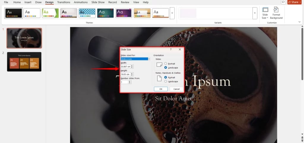 In the dialog box, enter your desired width and height