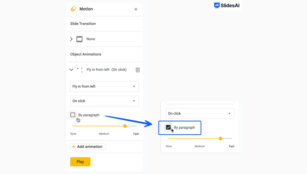 Animate bullet list in Google Slides - select 'By paragraph'