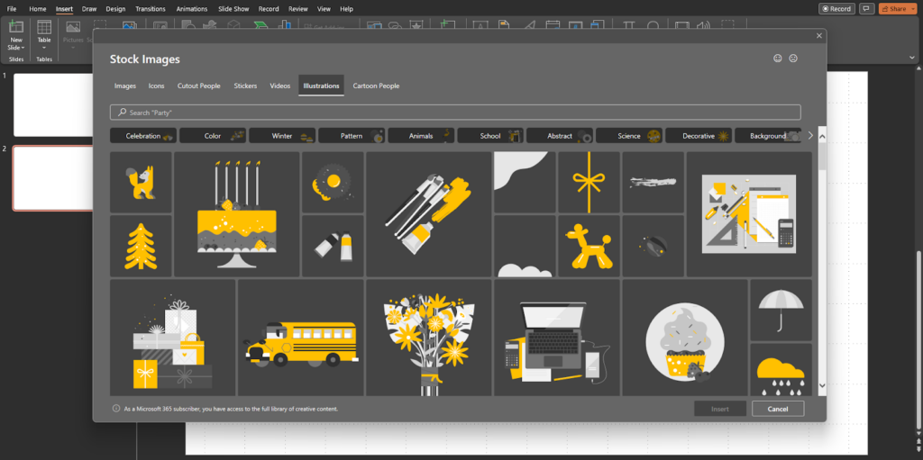 Choose an illustration from the options provided and click on Insert