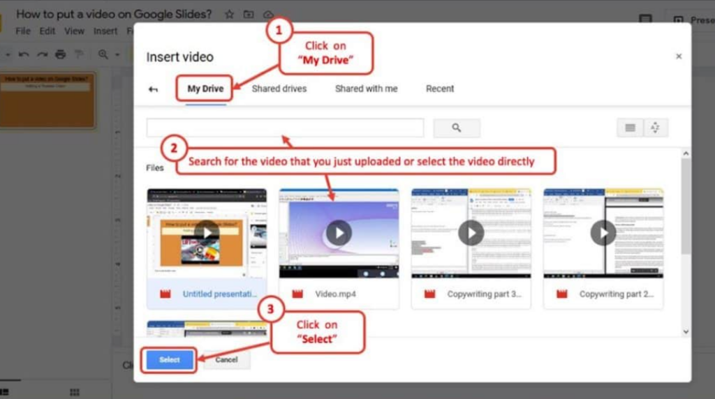 select the desired video from Google Drive