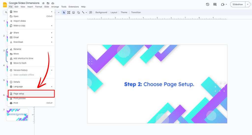 Choose Page Setup in Google Slides