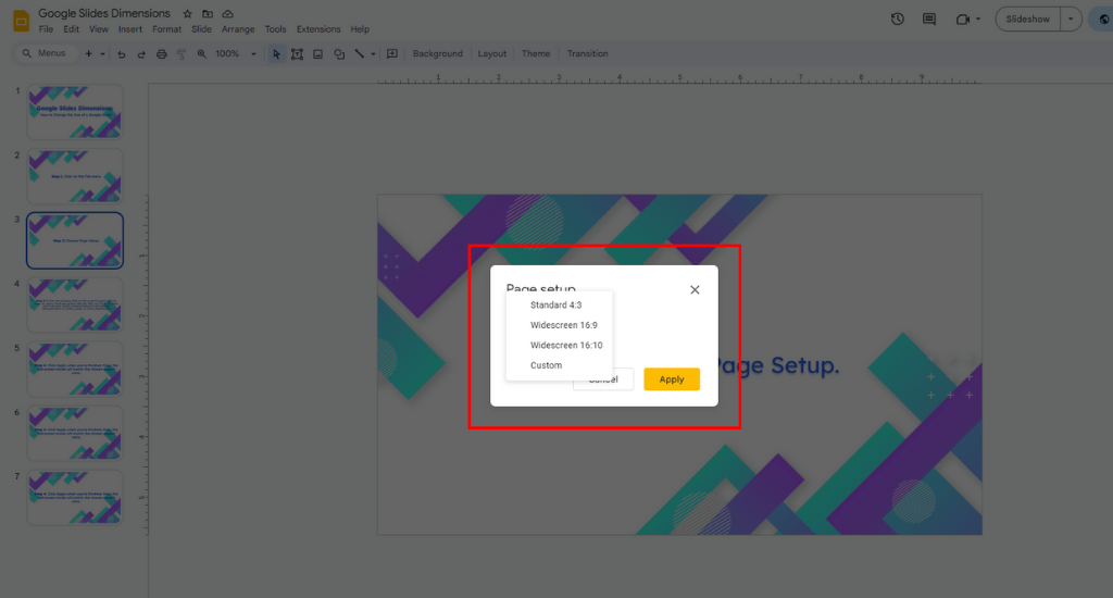 Select your required Google slide dimension