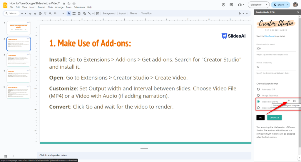 download your video from creator studio