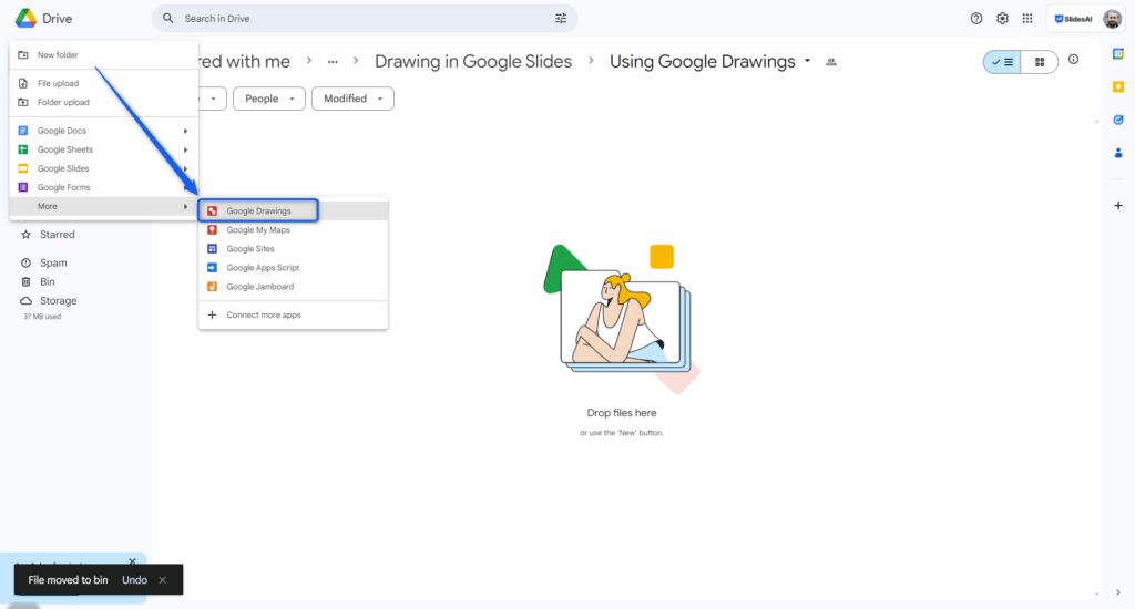 open google drive > new > google drawings