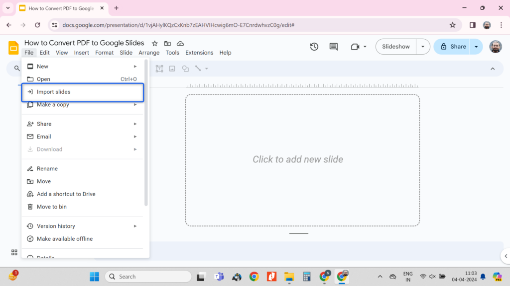 Open Google slides and import the converted PowerPoint presentation into it. 
