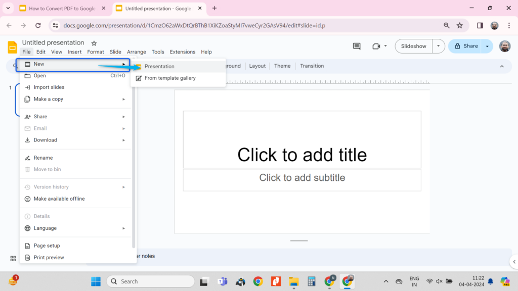 Open Google Slides and create a new presentation