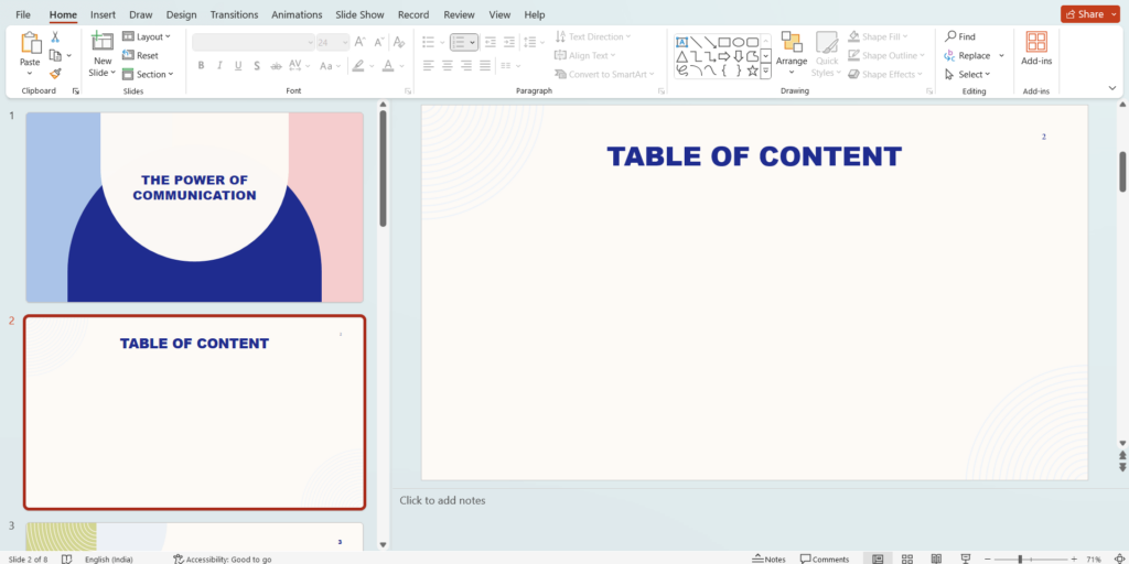 Create a new slide for your table of contents