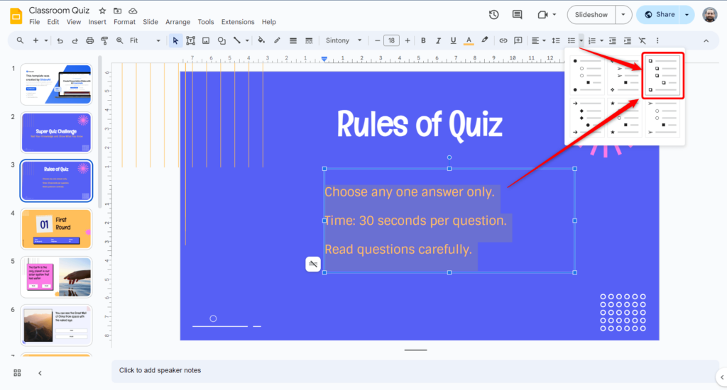 use bulleted checkboxes in google slides