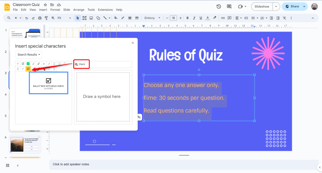 add checkboxes in google slides using special characters