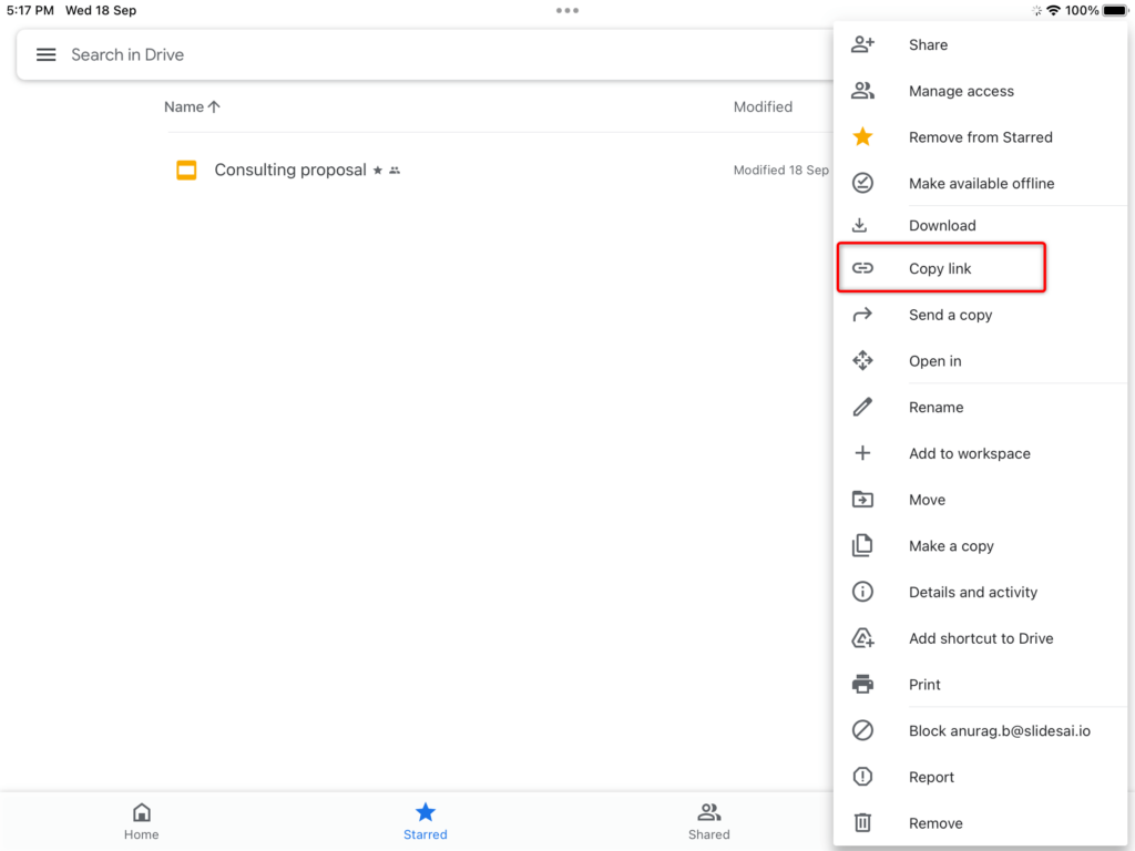 copy link of google slides in ipad