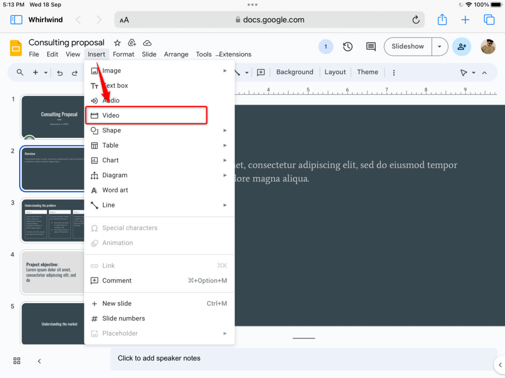 insert video in google slides in ipad