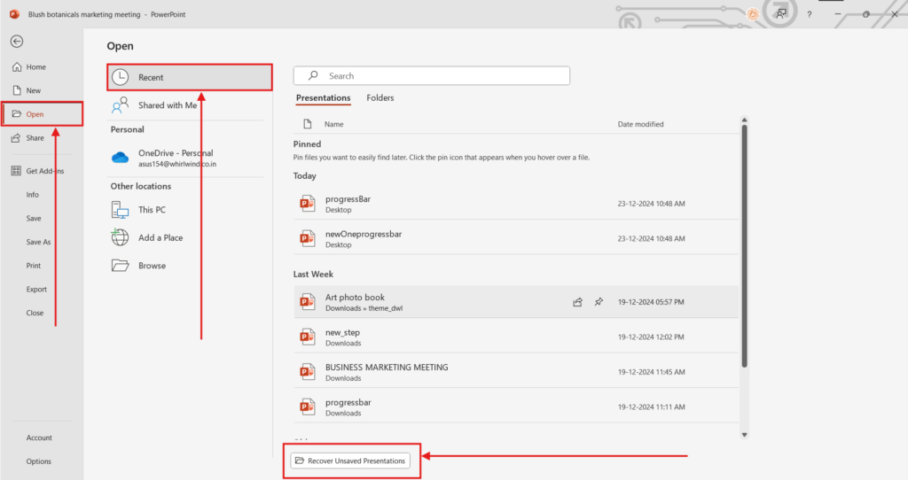 Recover Unsaved Presentations Option in PowerPoint