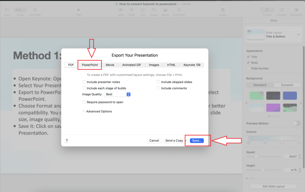 How to convert keynoote to powerpoint - Export as powerpoint