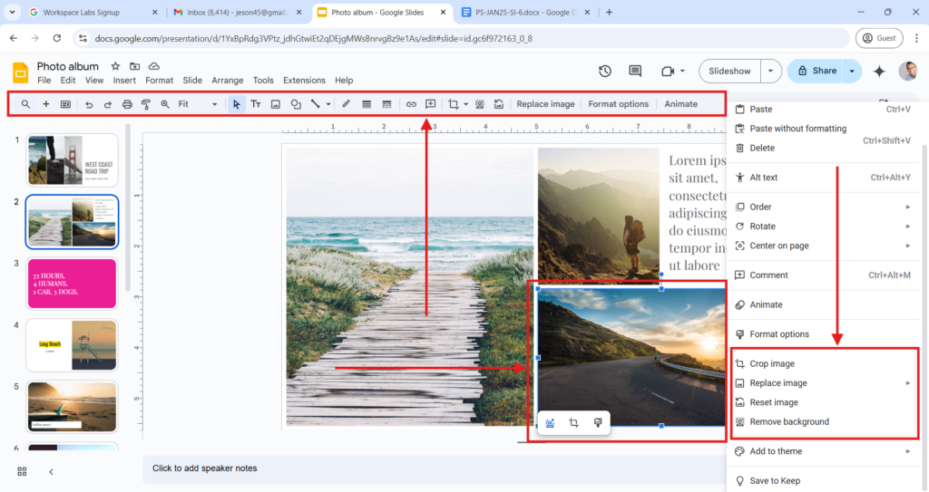 access image editing tools in google slides