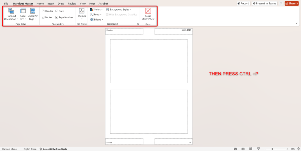 Options under Handout Master in PowerPoint