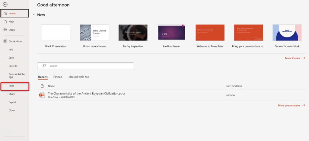 Select Print From the File Tab Options in PowerPoint