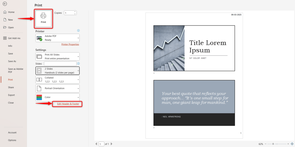 Edit Header and Footer and Print Handout in PowerPoint