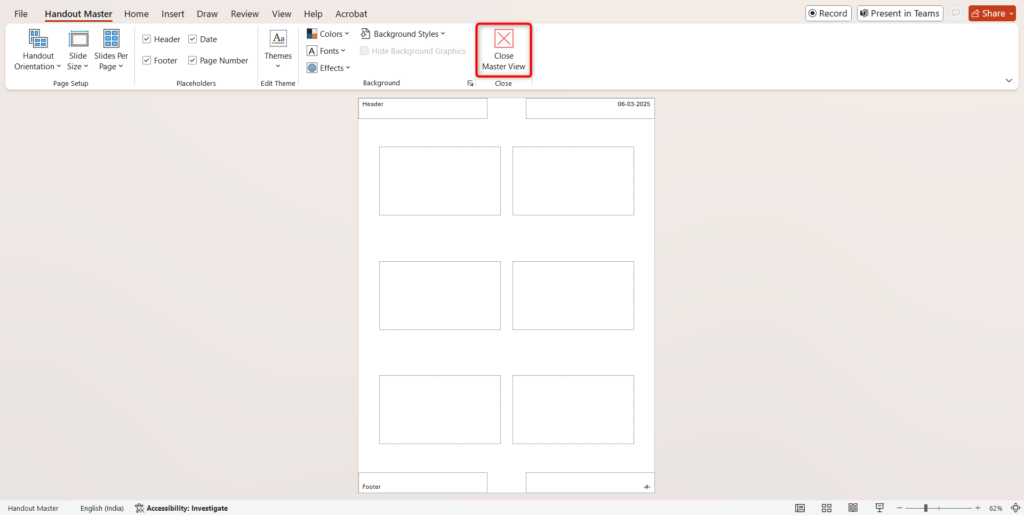 Close Master View Option under Handout Master in PowerPoint