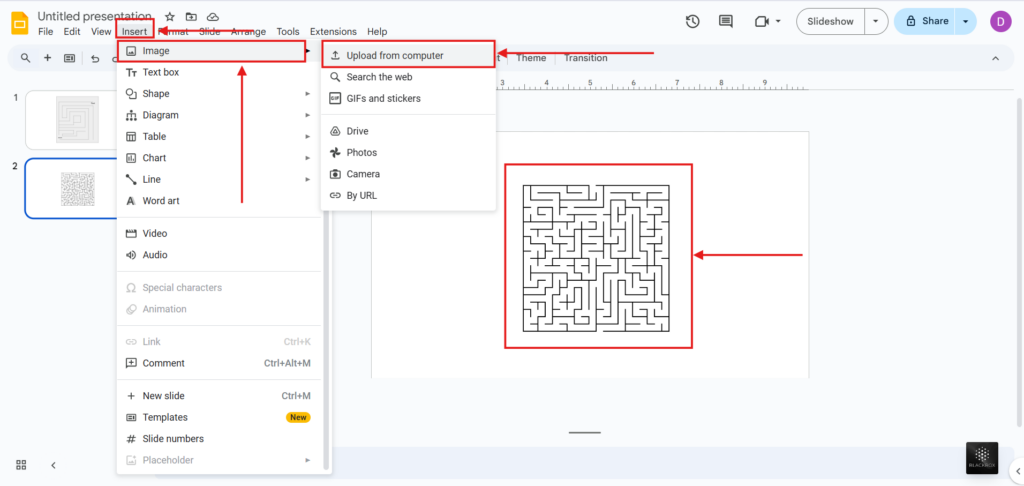 insert generated maze in google slides