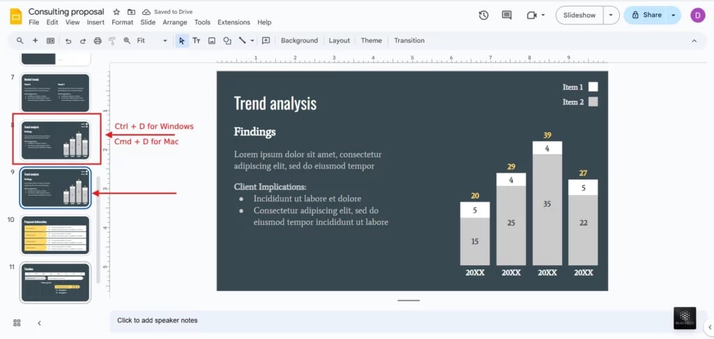 use shortcut for duplicating in google slides