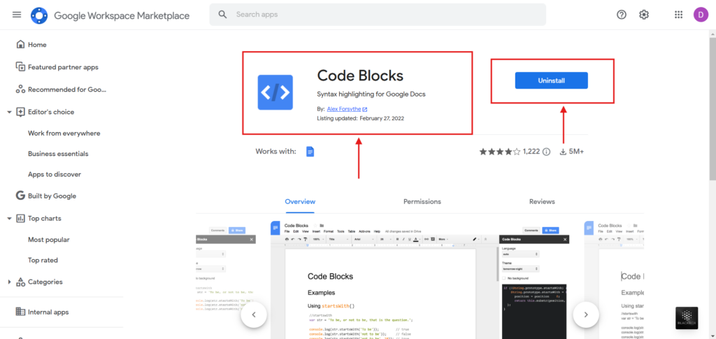 install code blocks from google workspace