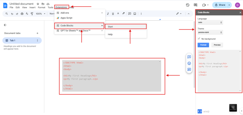 add code in google slide via code blocks