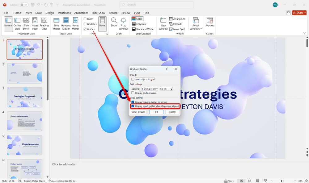 evenly space using smart guides option in powerpoint