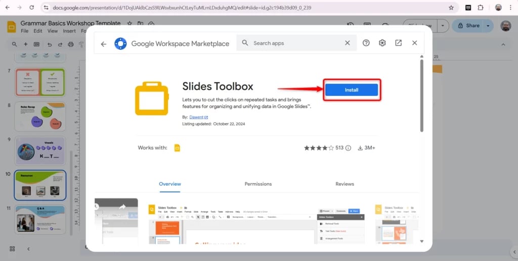 search for slides toolbox and click on install