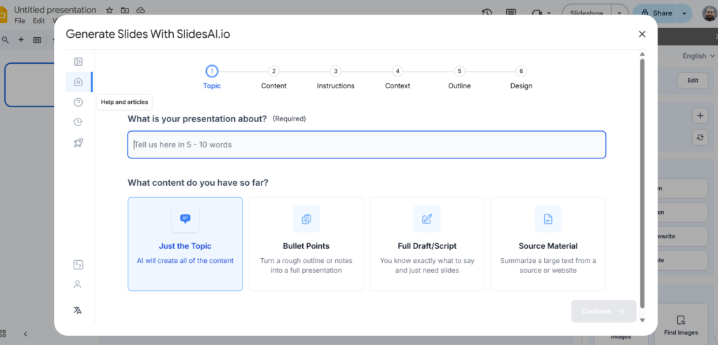 Generate New Slides window where you can enter on which topic you need the slides