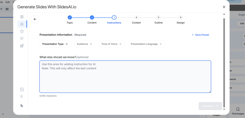 Generate Slides With SlidesAI.io window to add extra details to generate a detail Google Slides Presentation