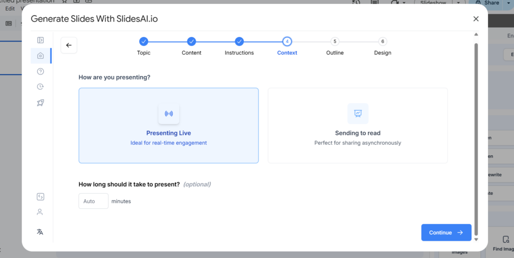 Window where you can decide how you want to present it, live or shared via a link