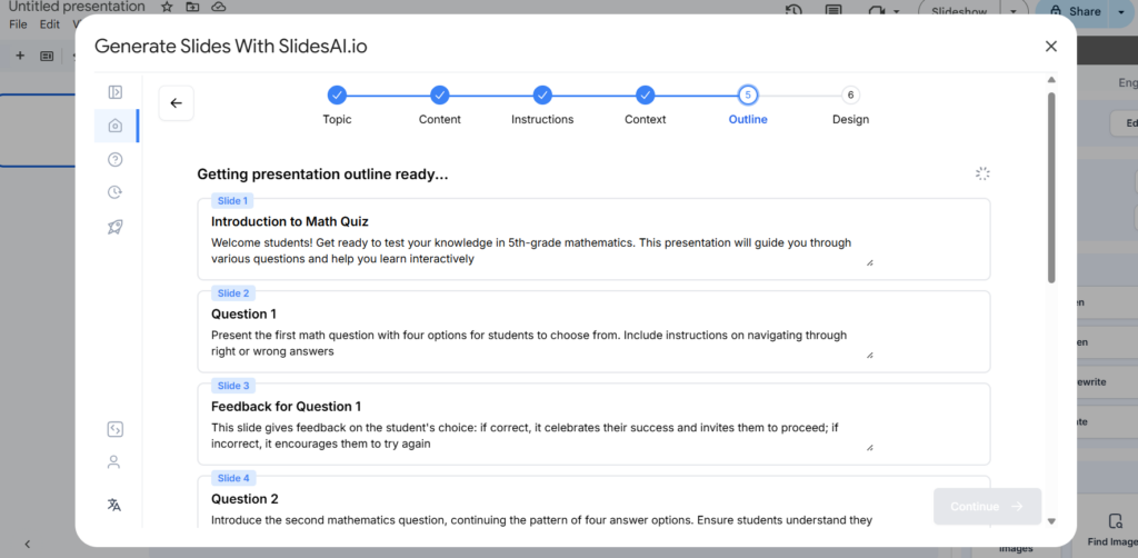 Outline window where SlidesAI have generated outline of your presentation before creating it.