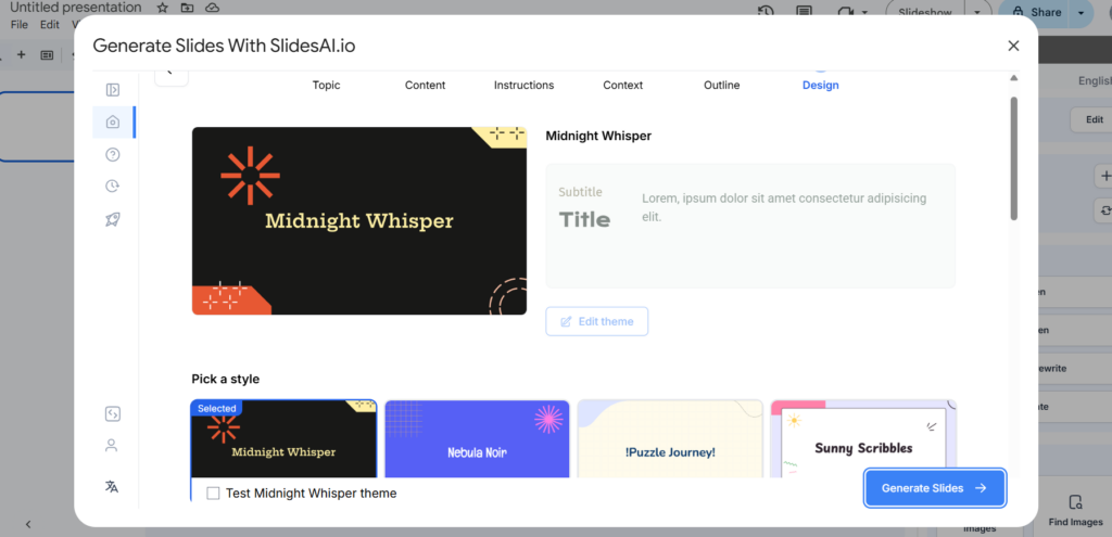 You can pick a design for a quiz presentation from SlidesAI template collection