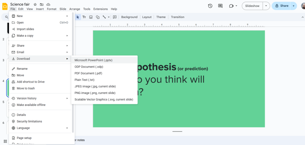 Save Google Slides presentation as .pptx to save or present your quiz in PowerPoint.