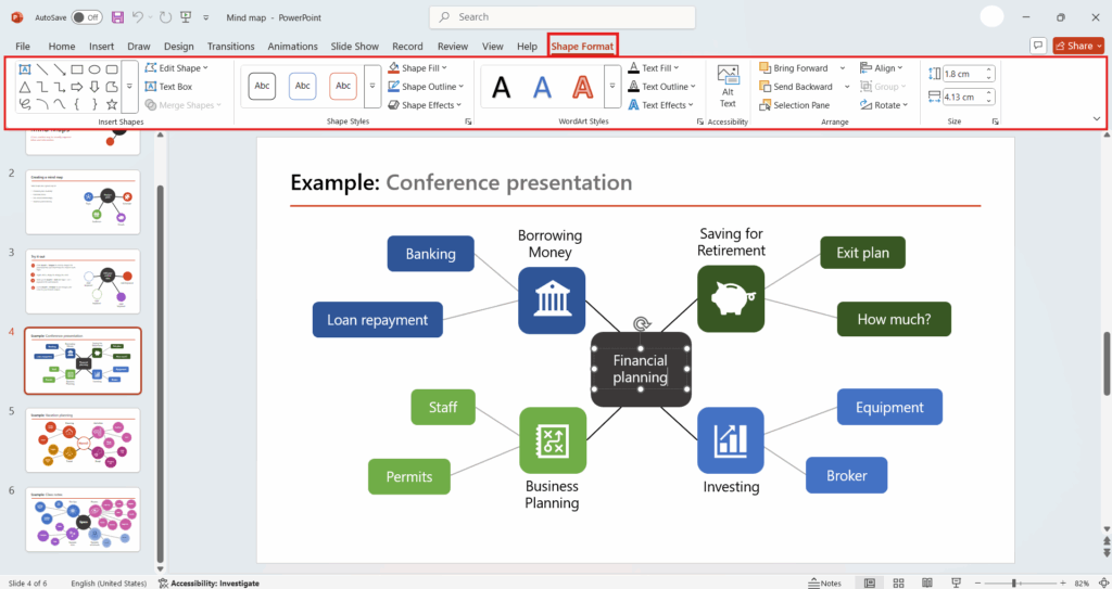 Format the Mind map template in PowerPoint