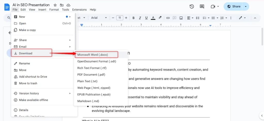 Convert Google doc in Microsoft word file.
