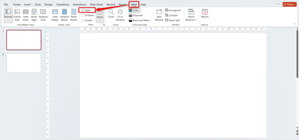At the top of your screen, find the “View” tab. This is where most layout tools like “Gridlines”, “Guides”, and “Rulers” live.
