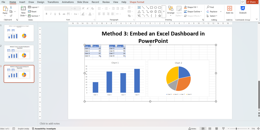 Embedded excel dashboard