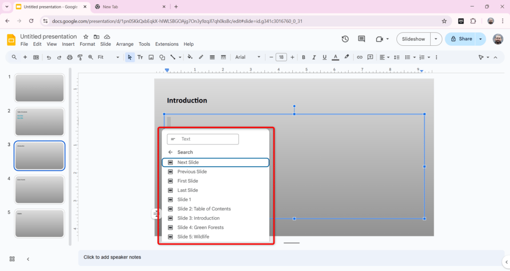 addd slides in table of contents