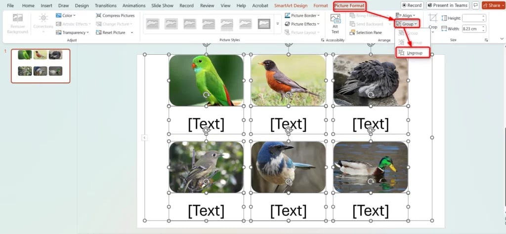 Remove the text box below the image after making an image collage in PowerPoint using Picture Layout