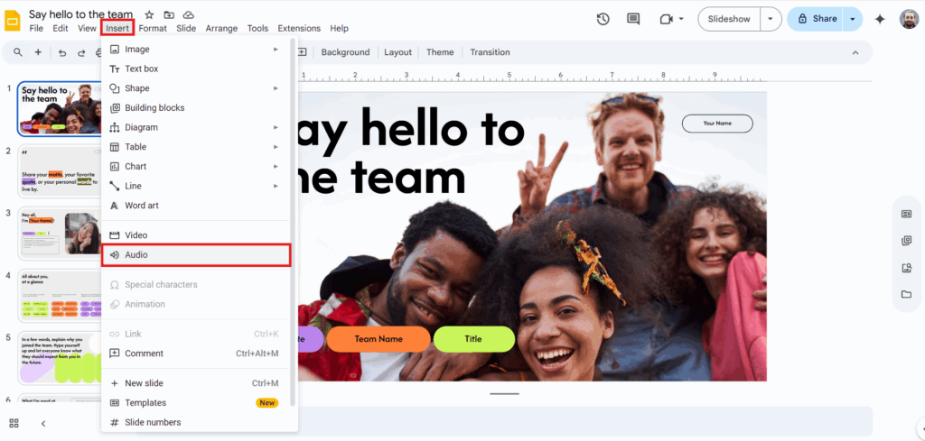 Select Audio in Google Slides