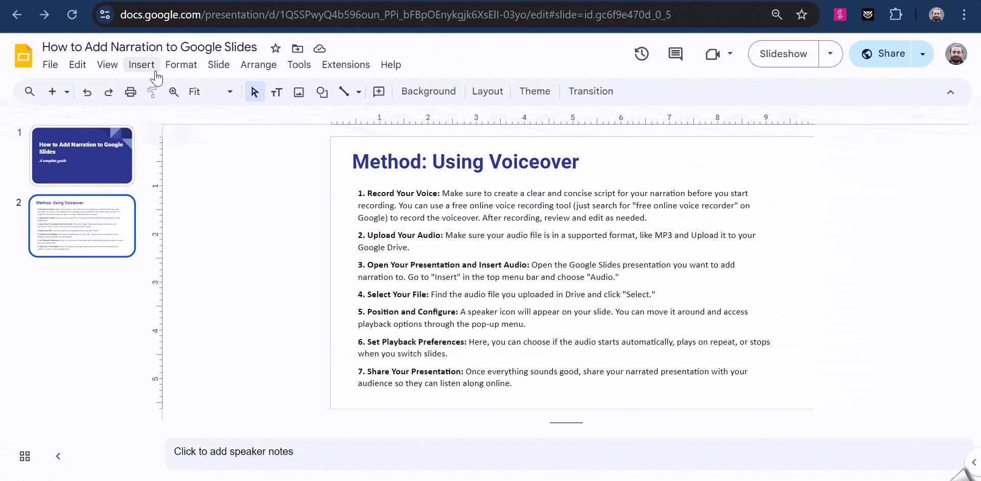 How to add narration in Google Slides.