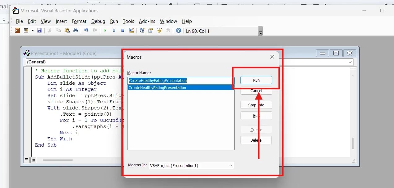 run the vba code to generate presentation