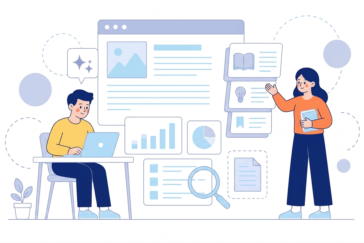 Reading presentation articles and guides beside charts and a search